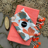 Peach Handloom Khadi Cotton Saree With Flower Print Blouse